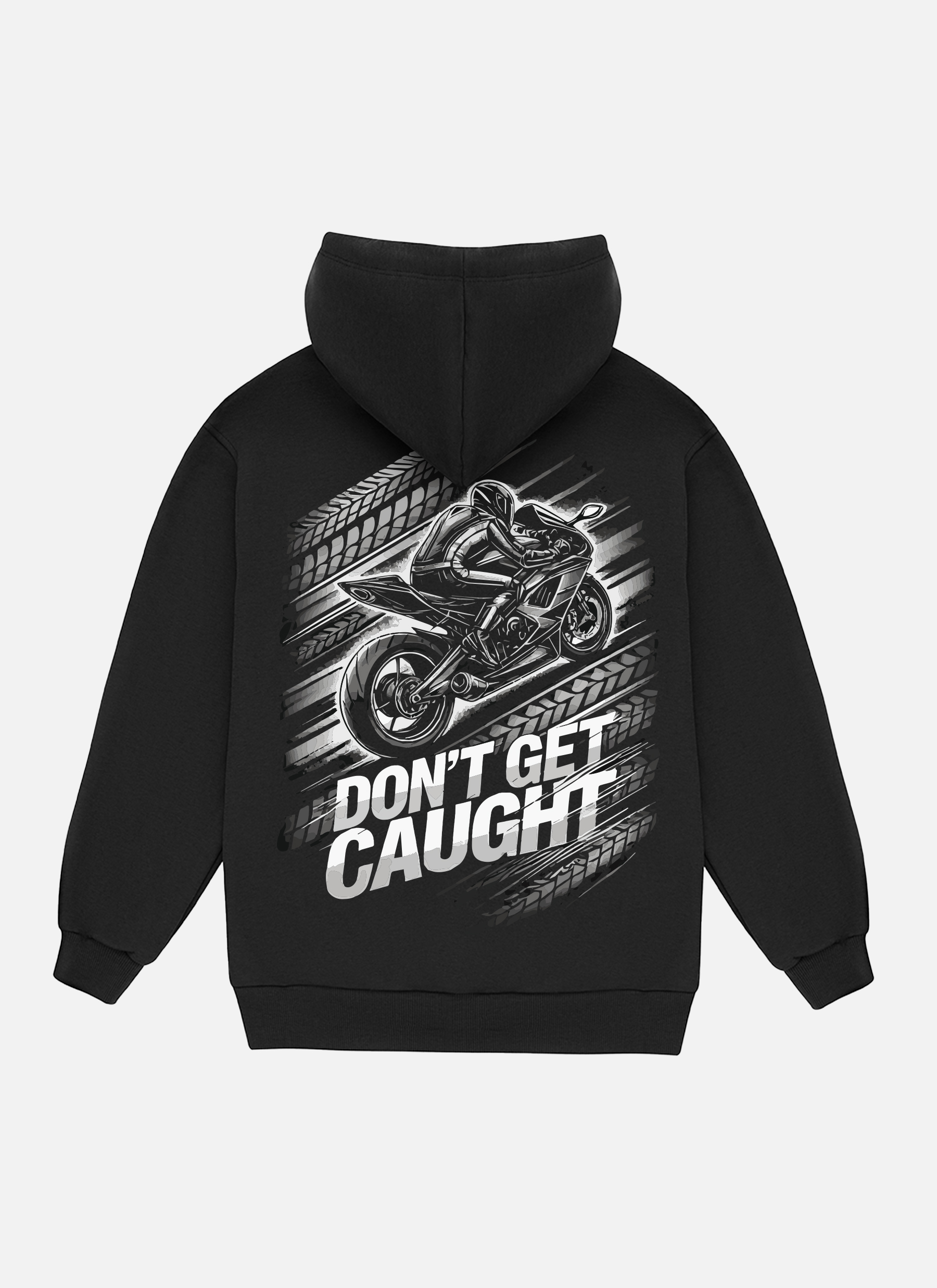 Don't Get Caught" motorcycle hoodie – black biker hoodie with bold graphic design for streetwear and riding style.